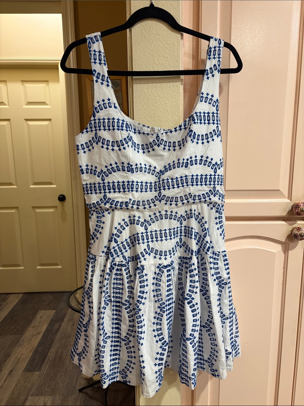 Avec Les Filles White Dress with Blue Embroidered Pattern